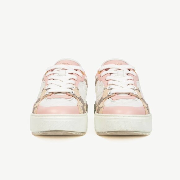 Louis Vuitton Time Out Rose Clair Pink Embossed-Calfskin & Damier Azur Sneakers - Picture 2 of 12